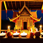 **A vibrant and detailed spirit house (San Phra Phum) adorned with offerings of fruits, flowers, and incense, illuminated by the warm glow of candlelight. In the background, a traditional Thai house can be seen, creating a scene of reverence and respect for ancestral spirits.** (Keywords: Thai spirit house, offerings, San Phra Phum, ancestral spirits, Thai culture, candlelight)