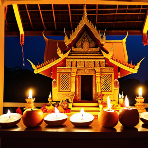 Home 4 **A vibrant and detailed spirit house (San Phra Phum) adorned with offerings of fruits, flowers, and incense, illuminated by the warm glow of candlelight. In the background, a traditional Thai house can be seen, creating a scene of reverence and respect for ancestral spirits.** (Keywords: Thai spirit house, offerings, San Phra Phum, ancestral spirits, Thai culture, candlelight)
