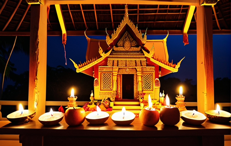 **A vibrant and detailed spirit house (San Phra Phum) adorned with offerings of fruits, flowers, and incense, illuminated by the warm glow of candlelight. In the background, a traditional Thai house can be seen, creating a scene of reverence and respect for ancestral spirits.** (Keywords: Thai spirit house, offerings, San Phra Phum, ancestral spirits, Thai culture, candlelight)